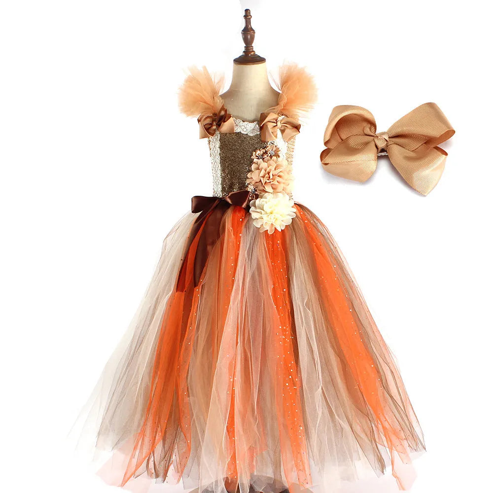 Girls' sleeveless mesh princess dress with cartoon flower pattern and sequin accents, skirt and barrettes colour, size 4-5Y