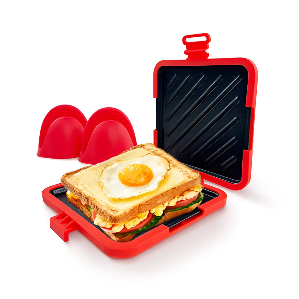 Red silicone baking tray with matching anti-scald gloves set in colour box packaging