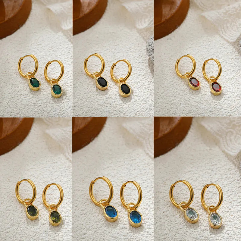 Women's retro simple oval zircon earrings in copper alloy, shown in an Emerald green colour.