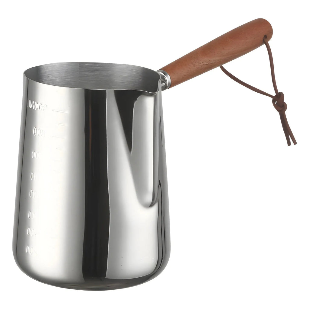 Stainless steel latte art milk jug with wooden handle in 350ml, 600ml, or 1000ml capacity options
