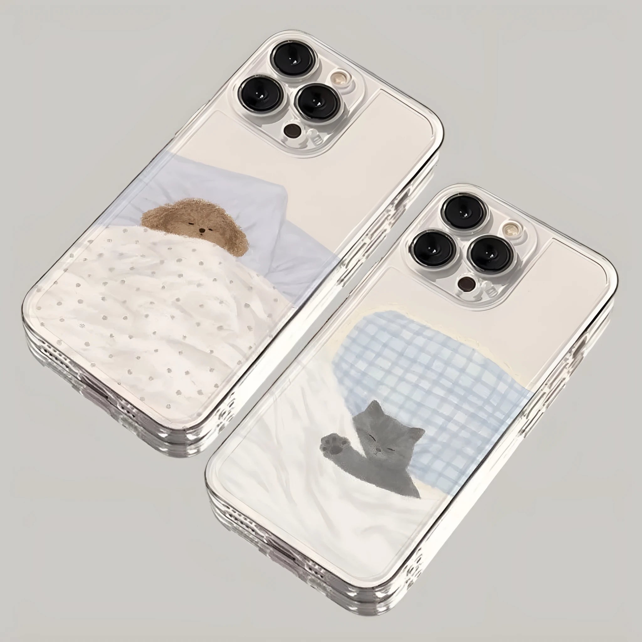 Transparent Apple iPhone case showing a sleeping cat pattern design on a clear TPU background.