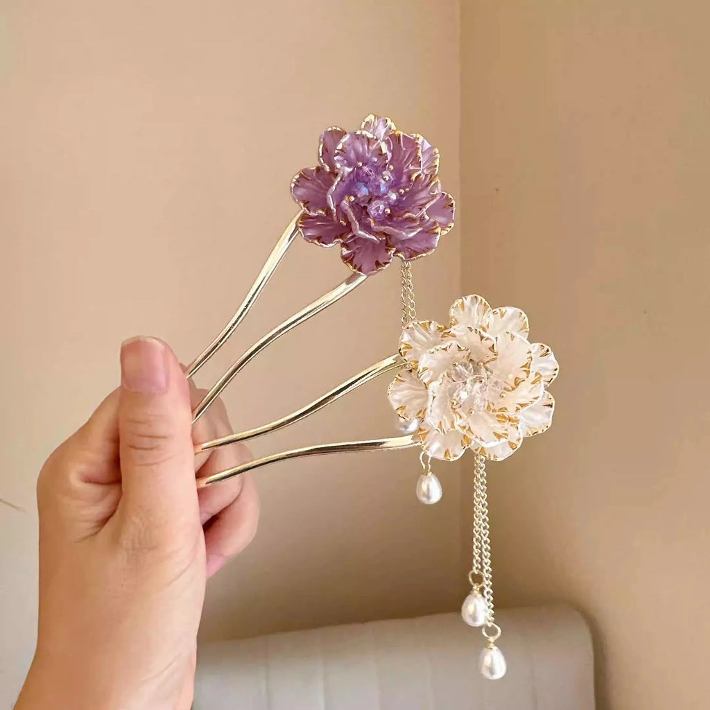 Purple and white U-shaped hairpin with peony flower design and tassel detail on alloy electroplated construction