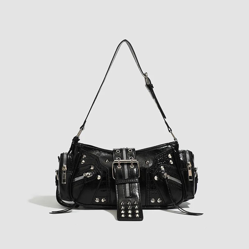 Black retro dumpling-shaped handbag with oil-wax PU leather and multiple interior compartments