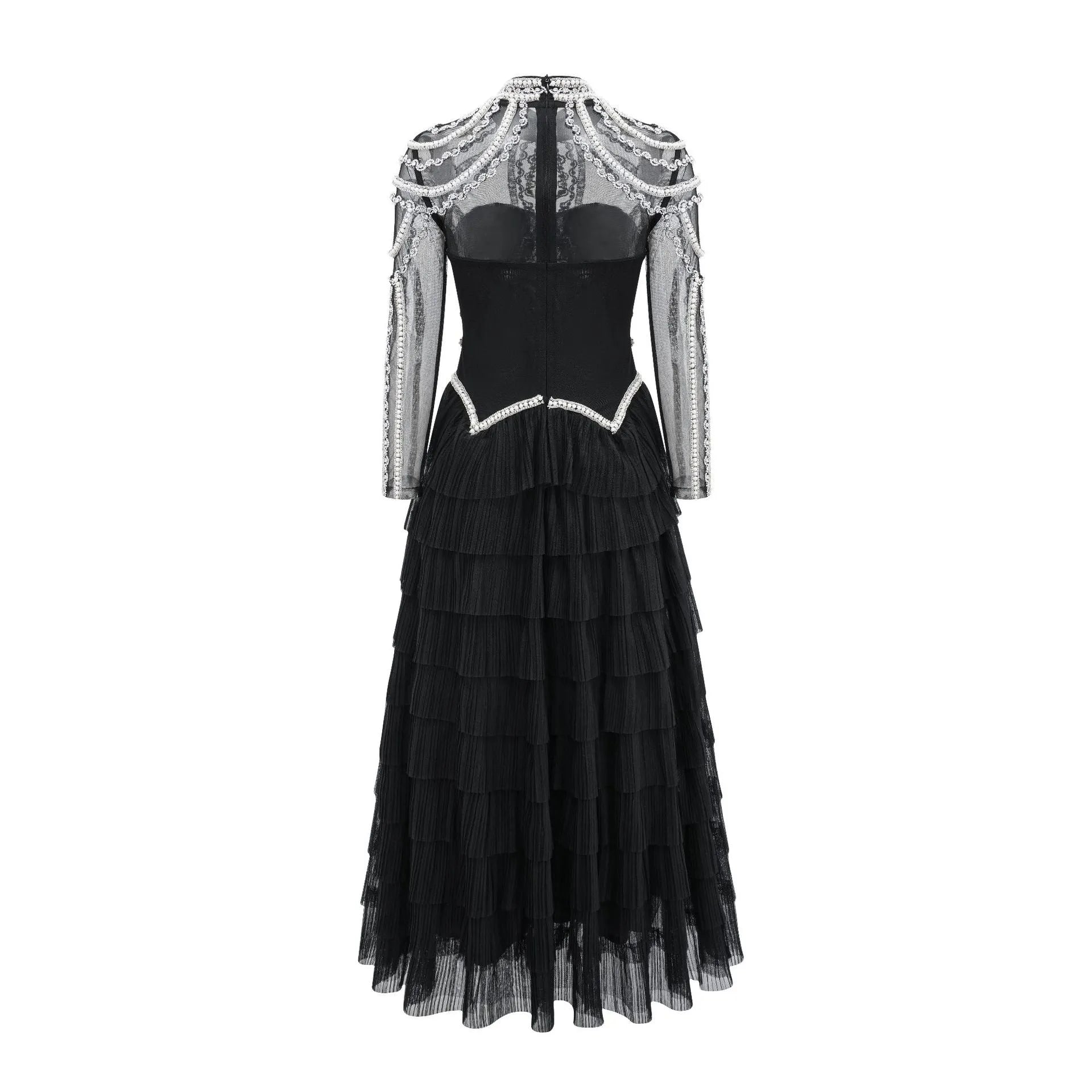 Women's long sleeve black beaded dress with three-dimensional decoration and mid-waist.