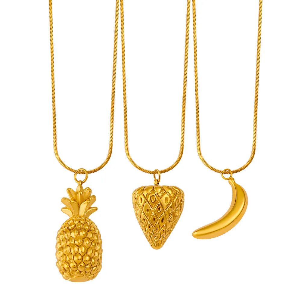 Stainless steel necklace with a colourful fruit pendant, shown in apple, grape, watermelon, pineapple, strawberry, and banana designs.