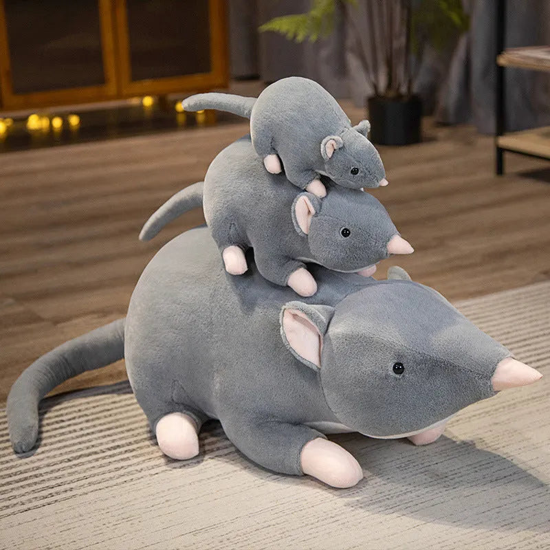 Cartoon mouse doll plush toy shown in three size options: 32cm, 50cm, and 100cm heights