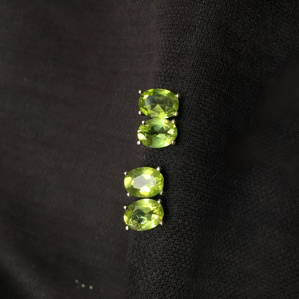 Natural grass green olivine faceted stud earrings in S925 silver setting, 6x8mm geometric ellipse shape