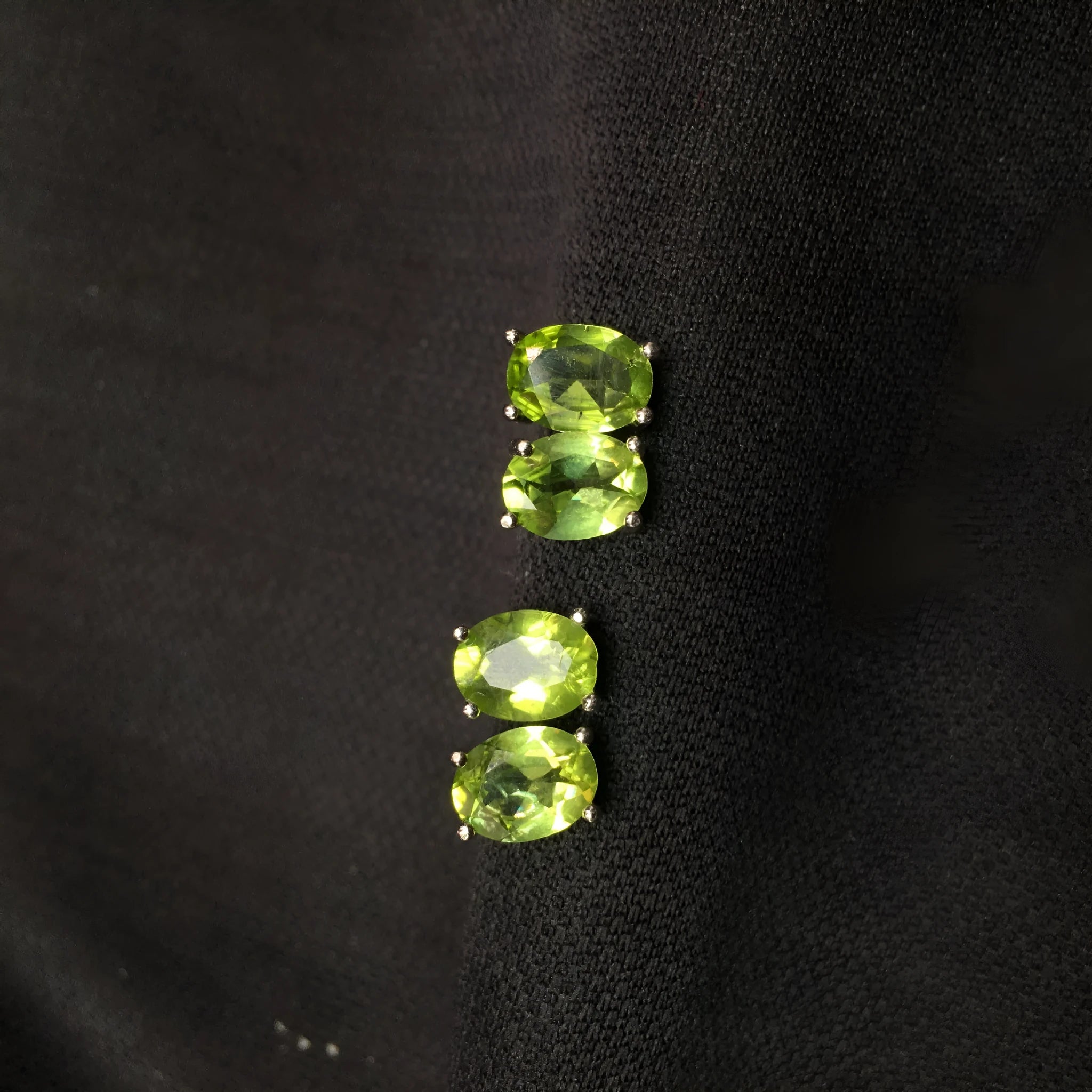 Natural grass green olivine faceted stud earrings in S925 silver setting, 6x8mm geometric ellipse shape