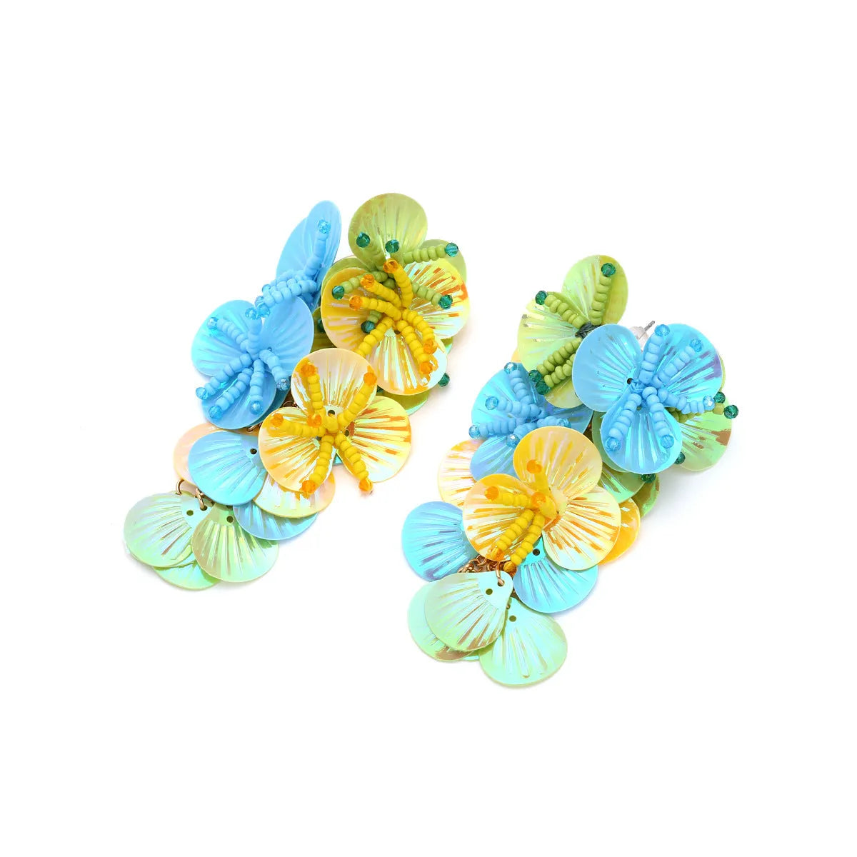 Handmade exaggerated dopamine style flower earrings with string bead floral designs in colourful, rose and purple