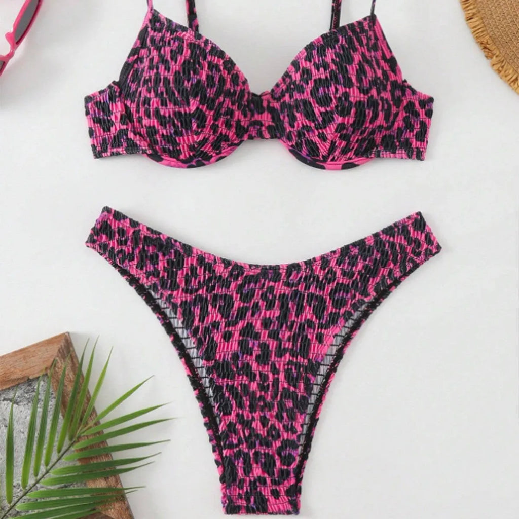 Leopard print backless bikini for women in brown or red colour options
