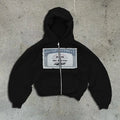 Men's and women's black hoodie with white letter pattern and front zip