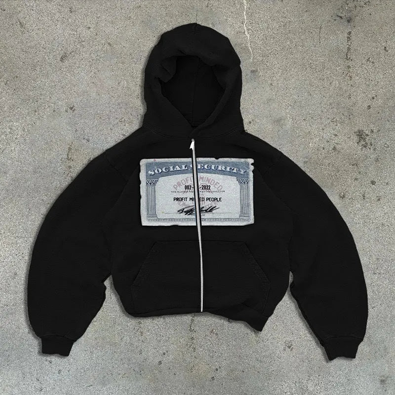 Men's and women's black hoodie with white letter pattern and front zip