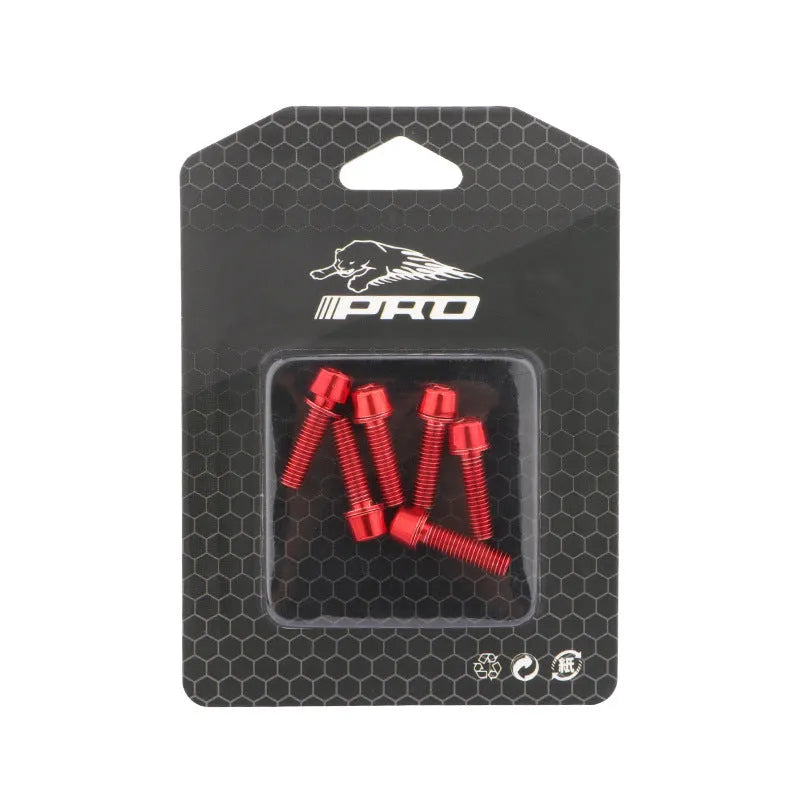 Six stainless steel mountain bike handlebar stem screws in assorted colours on a card.