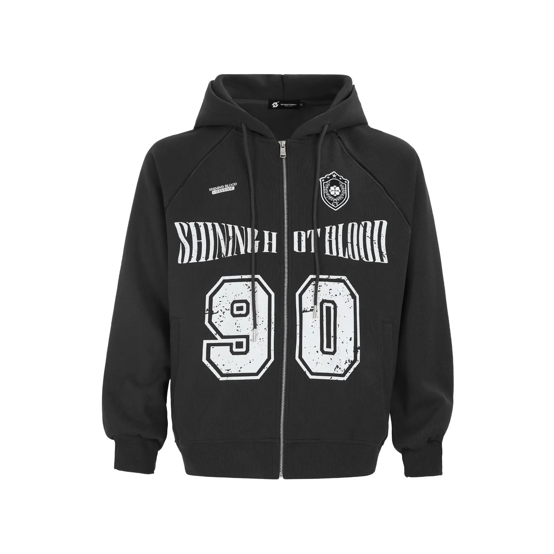 Women's American retro style hooded jacket with embroidered letter pattern in cotton blend fabric