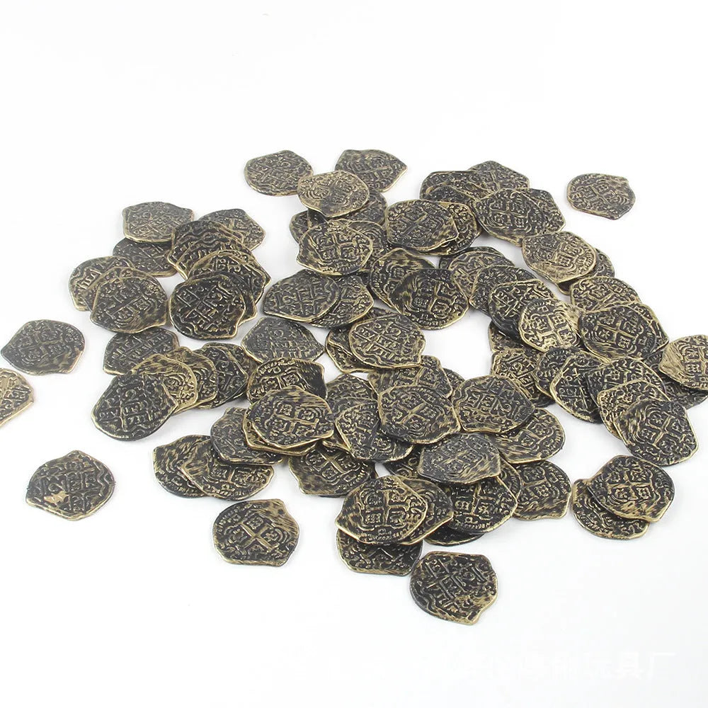 Doli set of 100 gold, silver, or bronze plastic replica Roman coins for decoration and crafts.