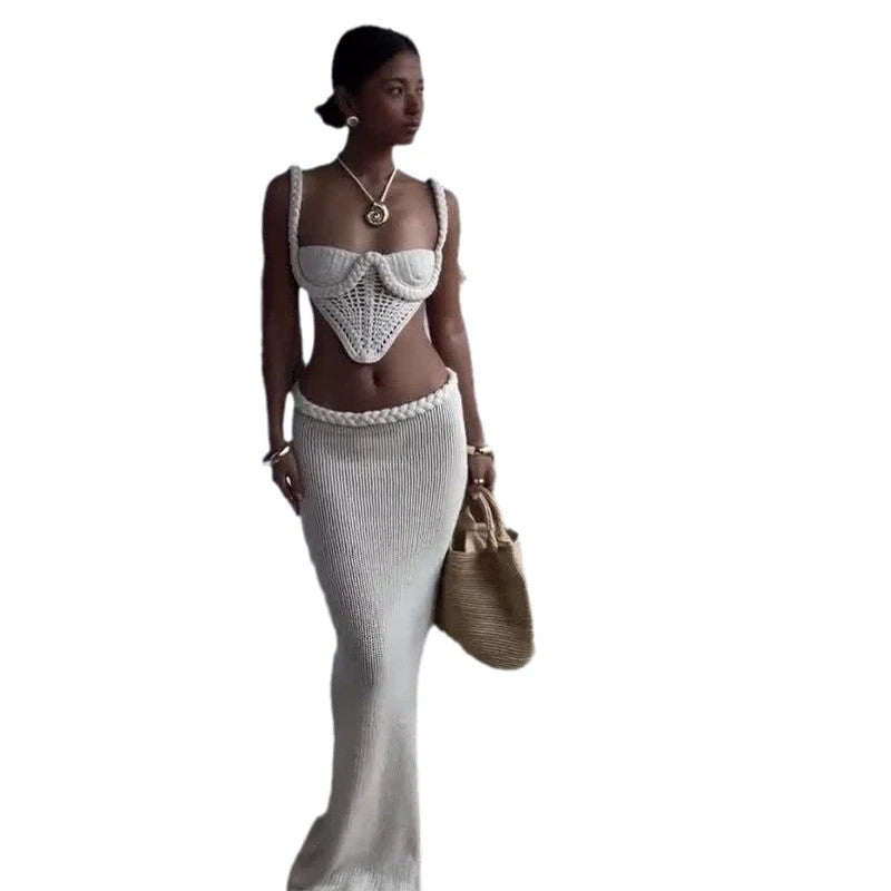 Y2K crochet knit 2 piece skirt set with square collar camisole and hip skirt in white