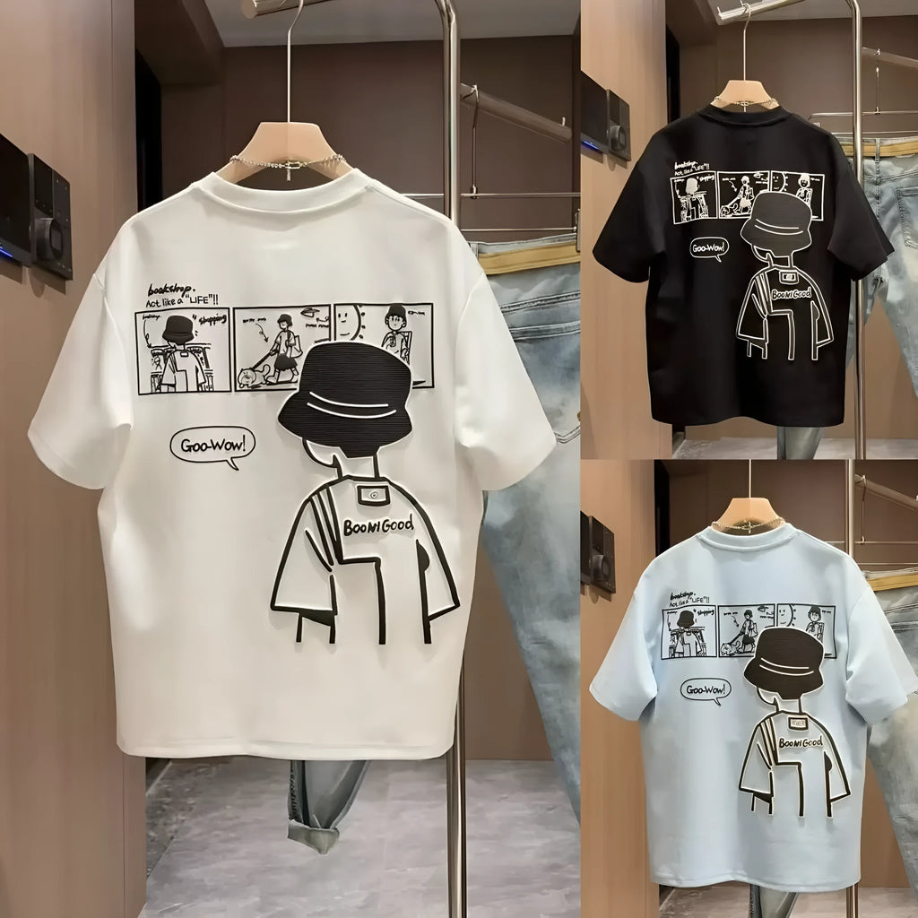 Men's black cotton t-shirt with cartoon print design, short sleeve crew neck summer top