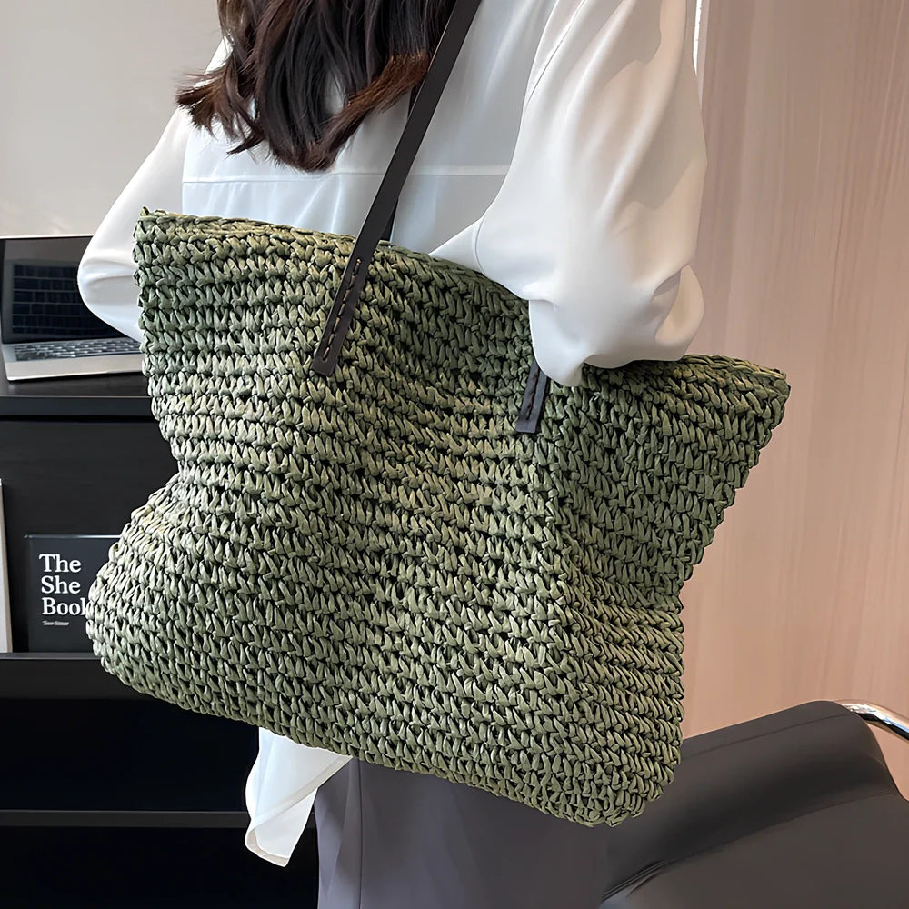 Brown woven summer shoulder bag, 42x36x4 cm large capacity with zipper for women's beach use