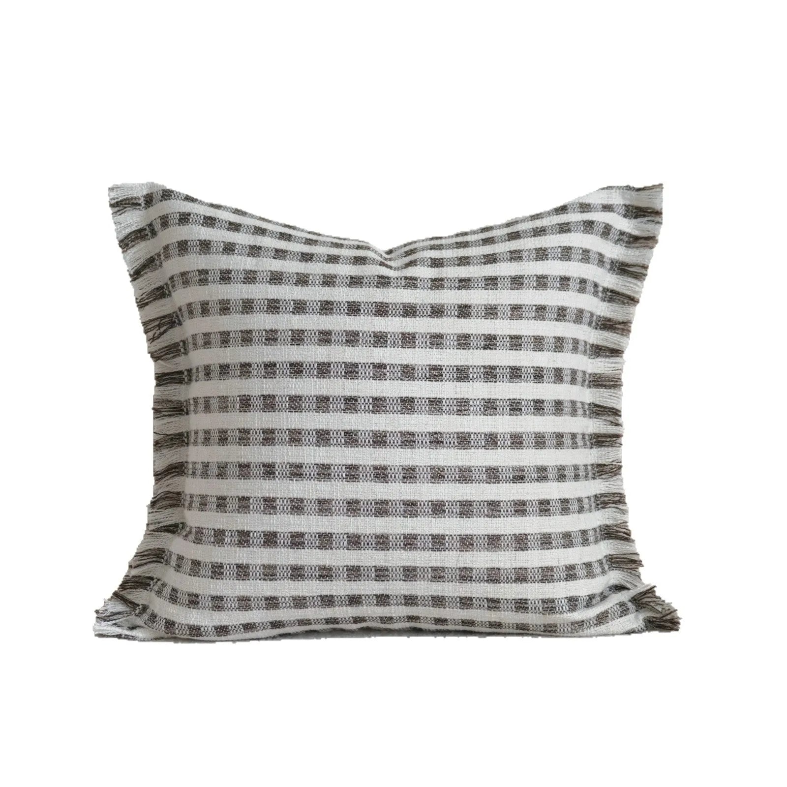 Coffee brown mid-century modern striped cushion on a sofa, showing 30x50cm and 45x45cm size options.