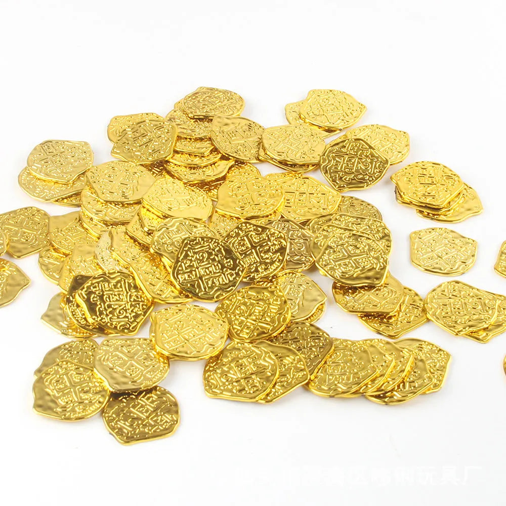 Doli set of 100 gold, silver, or bronze plastic replica Roman coins for decoration and crafts.