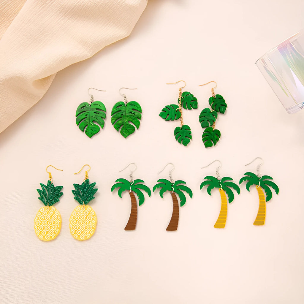 Women's alloy drop earrings with red and green acrylic jackfruit and coconut charms on a white background.
