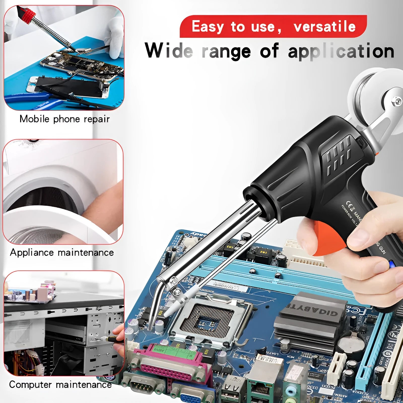 Black alloy soldering gun kit with a light, showing the five-piece set.