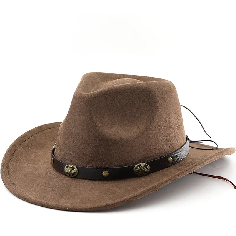 Brown leather velvet curved edge cowboy hat with a conical crown on a plain background.