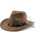 Brown leather velvet curved edge cowboy hat with a conical crown on a plain background.