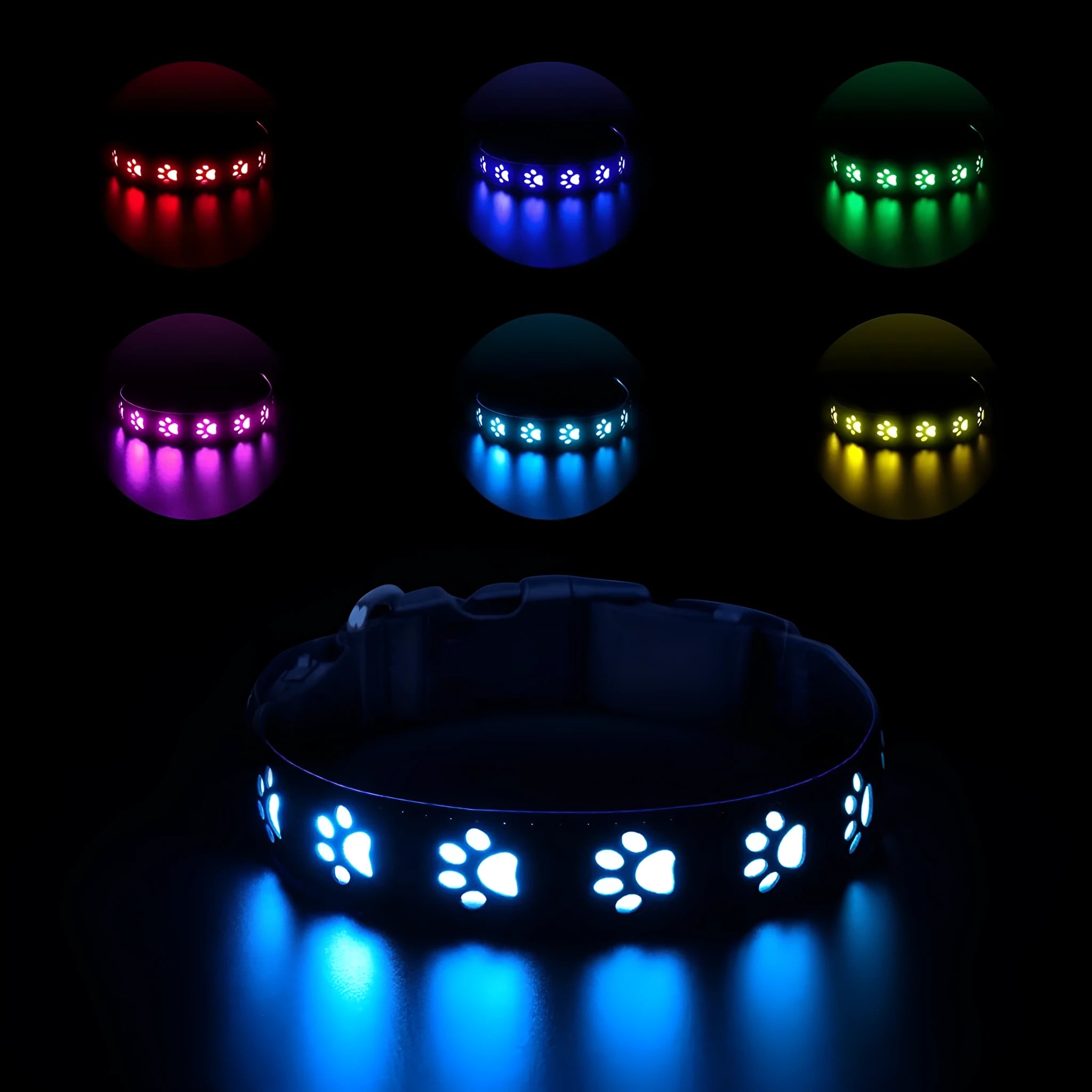 USB-rechargeable LED pet collar with colourful paw print pattern on a polyester strap.