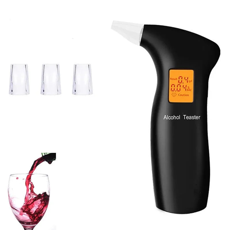 Portable orange light breath alcohol tester with replaceable mouthpieces in black or blue option.