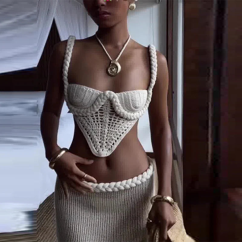 Y2K crochet knit 2 piece skirt set with square collar camisole and hip skirt in white