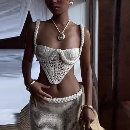 Y2K crochet knit 2 piece skirt set with square collar camisole and hip skirt in white