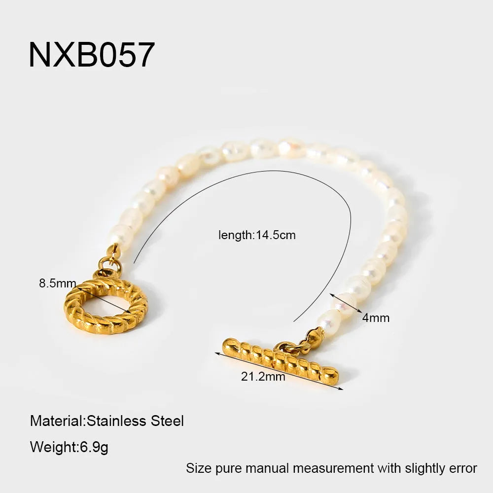 Freshwater pearl and stainless steel necklace bracelet set with geometric shapes on clavicle chain