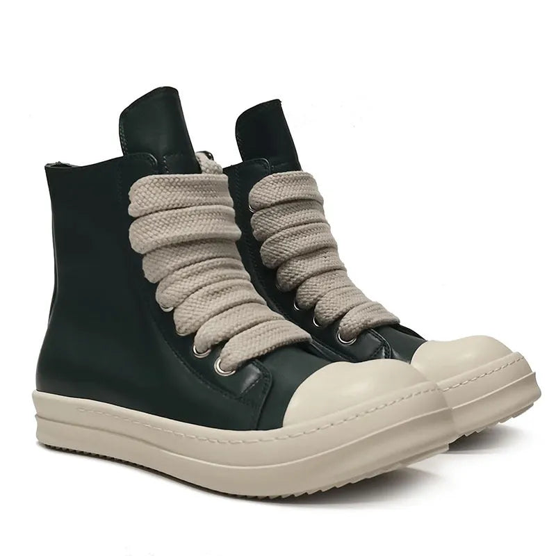 Black high-top leather sneaker boots with a side zipper and a thick rubber platform sole.