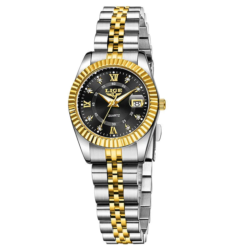 Waterproof women's fashion quartz watch with metallic case in various gold and silver colour options