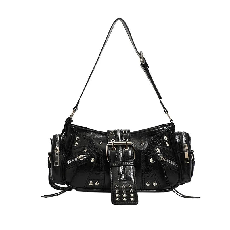 Black retro dumpling-shaped handbag with oil-wax PU leather and multiple interior compartments