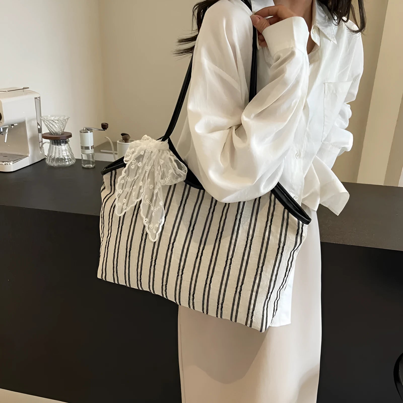 Striped cloth Korean style bucket shoulder messenger bag with beige ribbon scarf and woven belt detailing, soft horizontal square shape