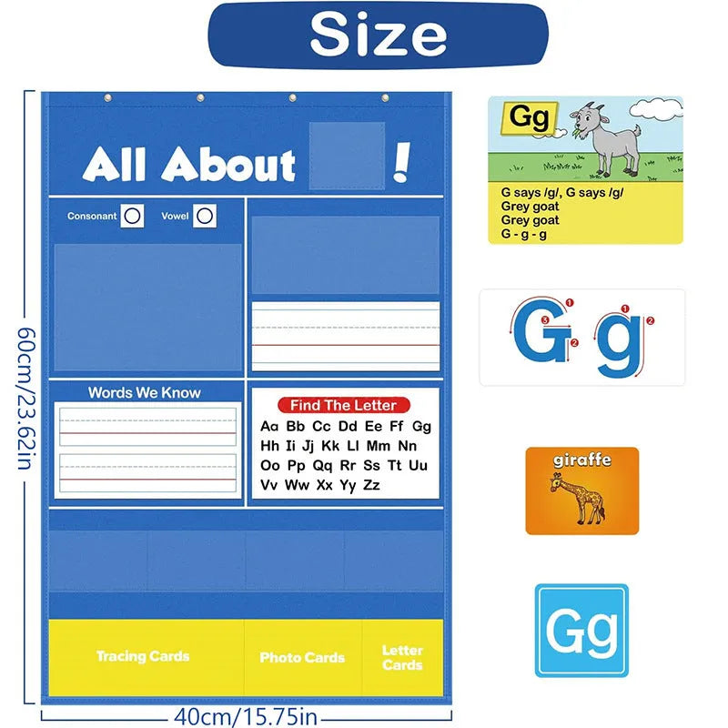 Alphabet learning sleeve table chart with letter cards, picture cards, and song set for children.