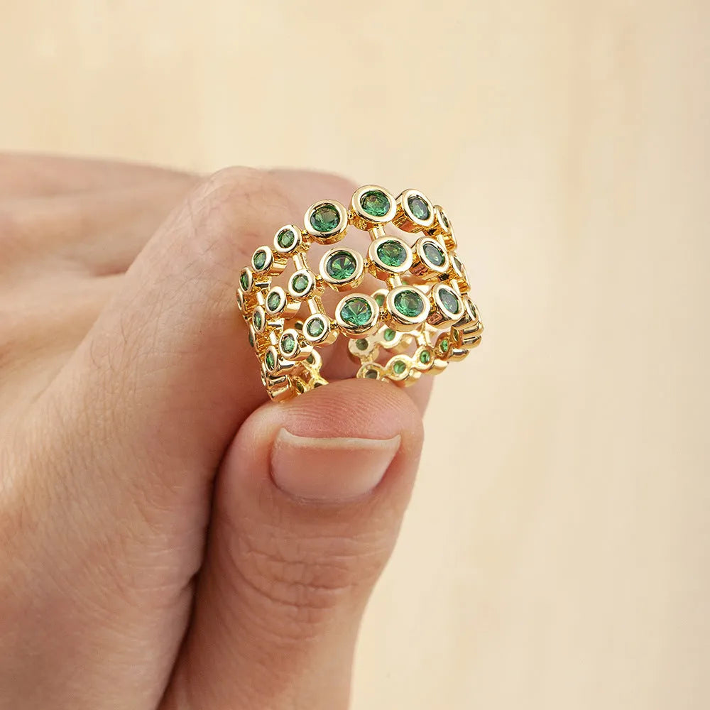 Three-layer green zircon wide ring with 18K gold plating over copper base
