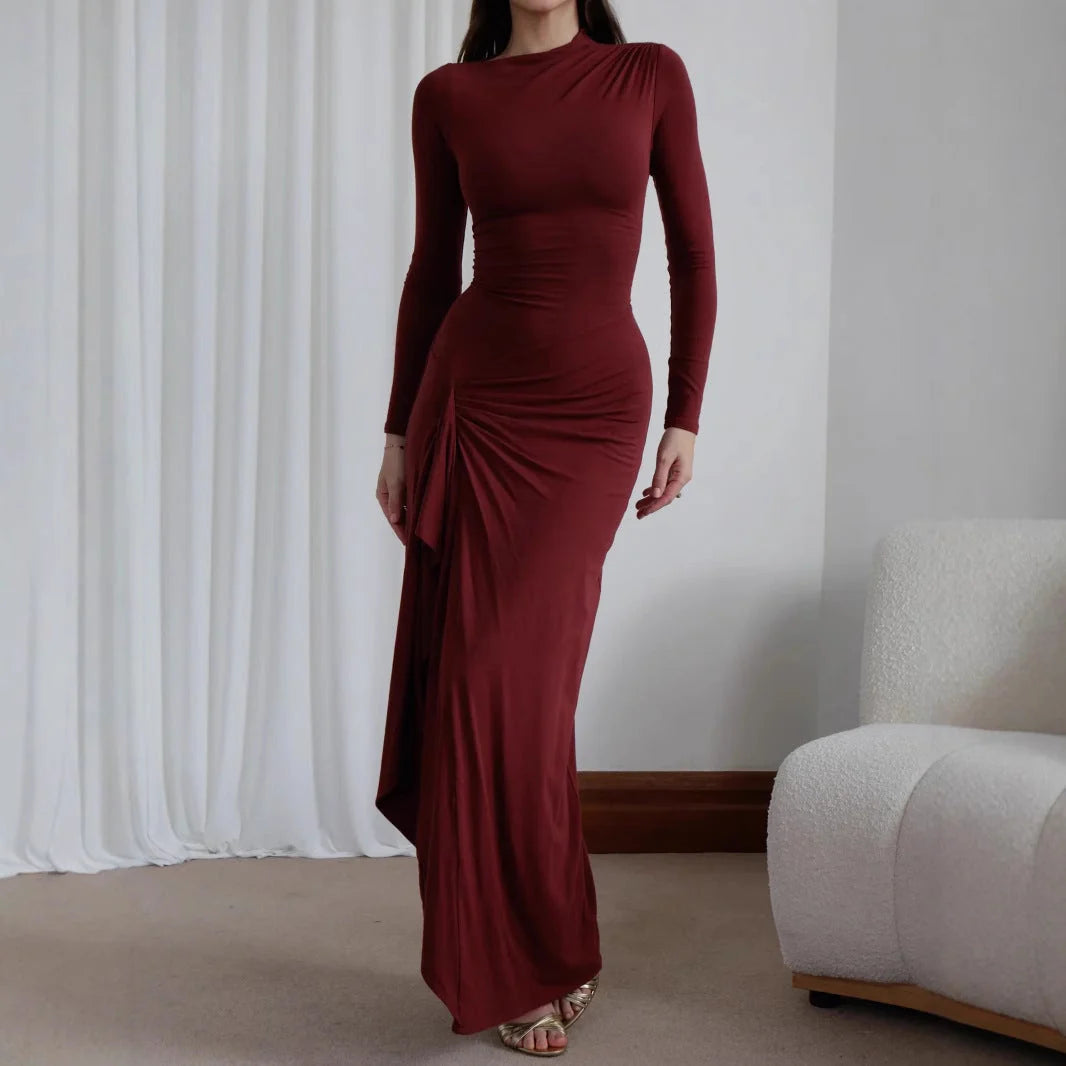 Slim-fitting asymmetric split dress in polyester-spandex blend, available in white, pink, black, and wine red.