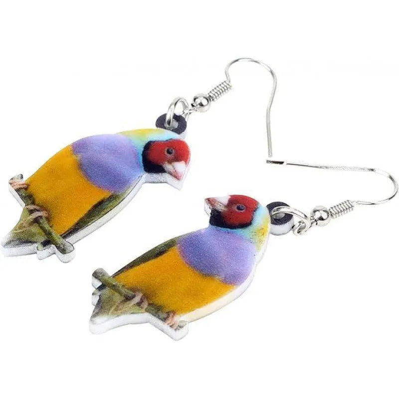 Blue titmouse bird design acrylic pendant earrings with geometric and snake detailing.