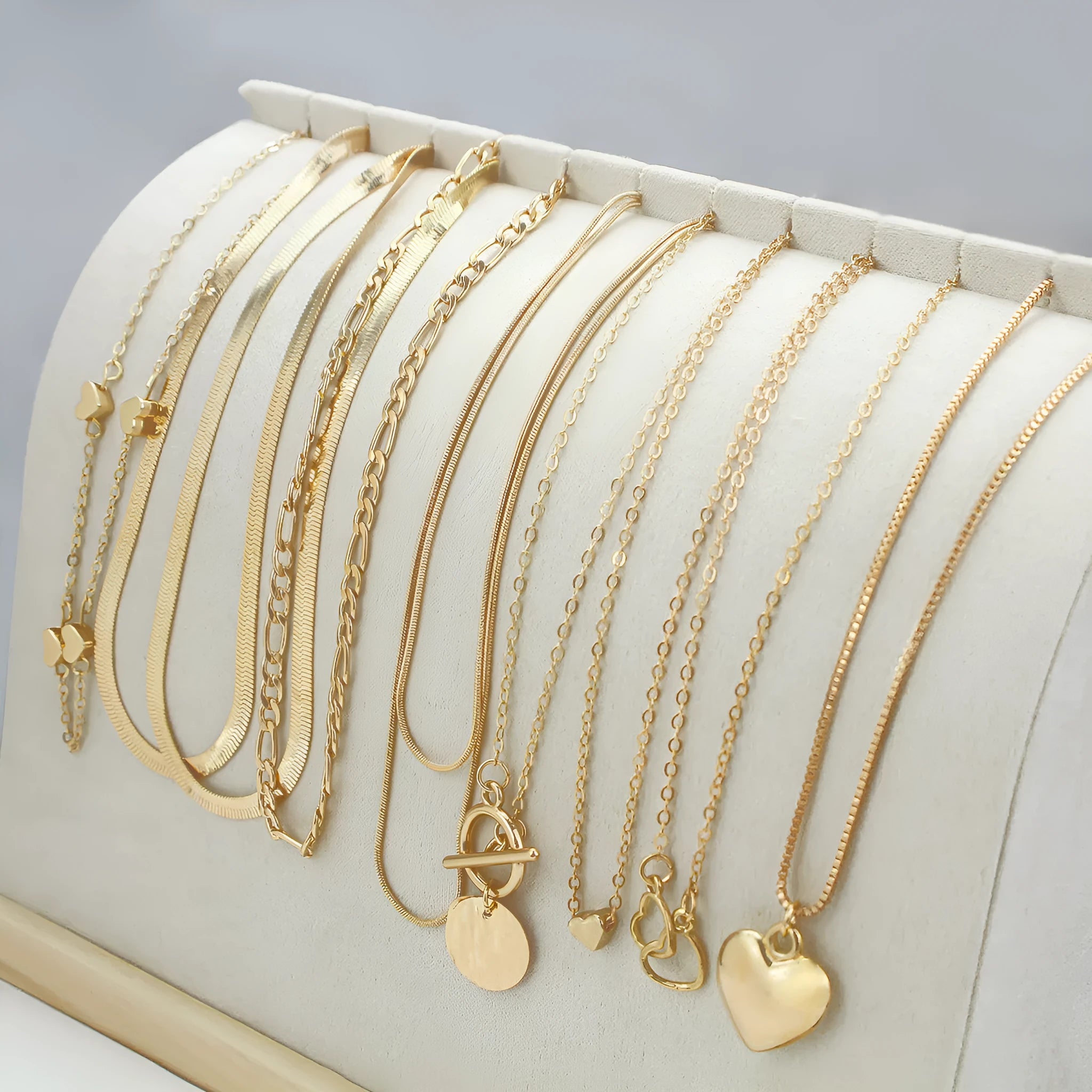 Gold women's necklace set with 10 alloy pendants on adjustable snake bone chain