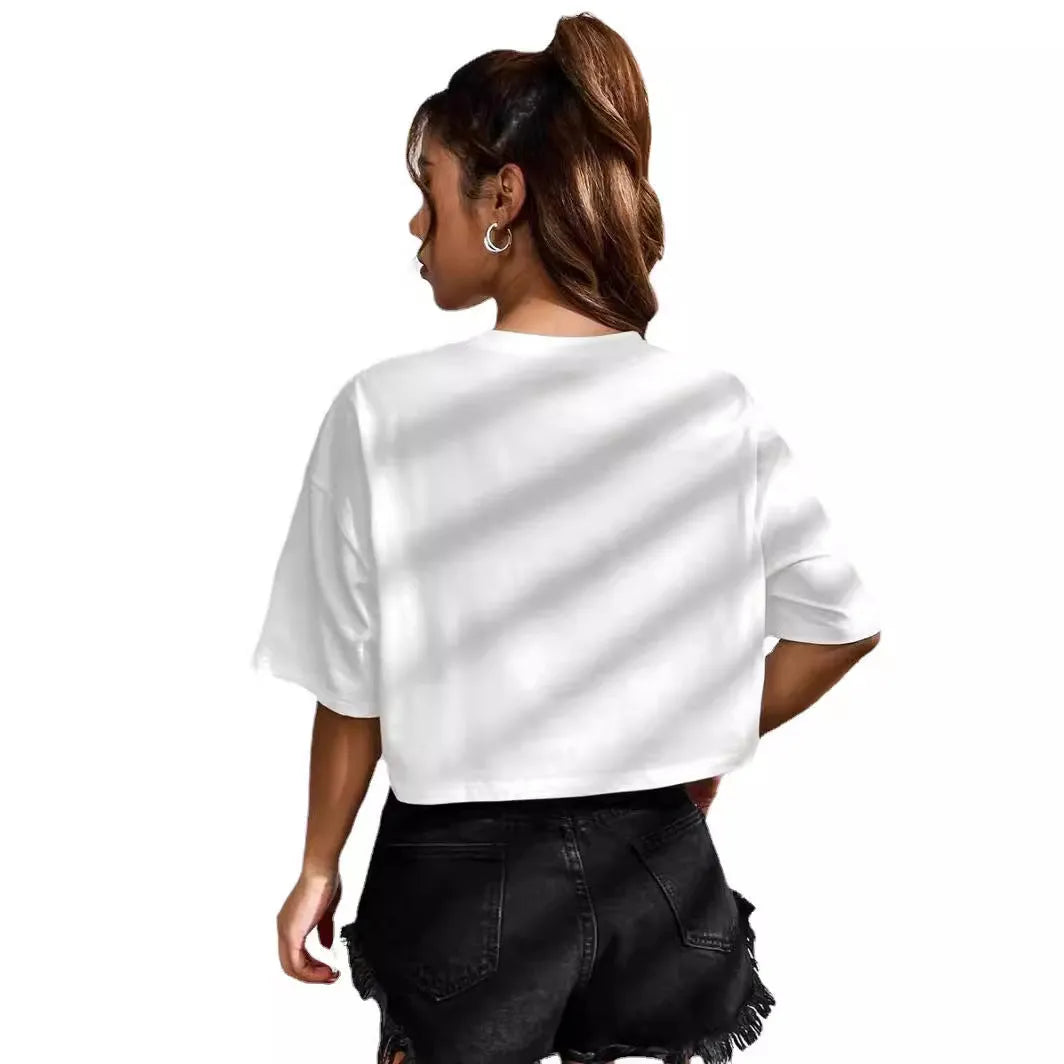 Women's black cotton t-shirt with white English letter printing and exposed navel design in casual Japanese Korean style