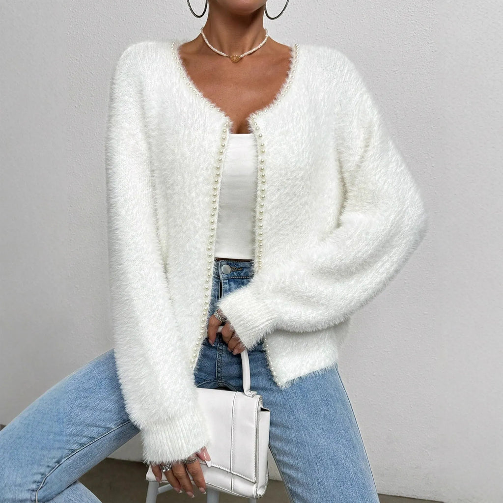 White women's V-neck cardigan with polyester knit fabric and 50cm length