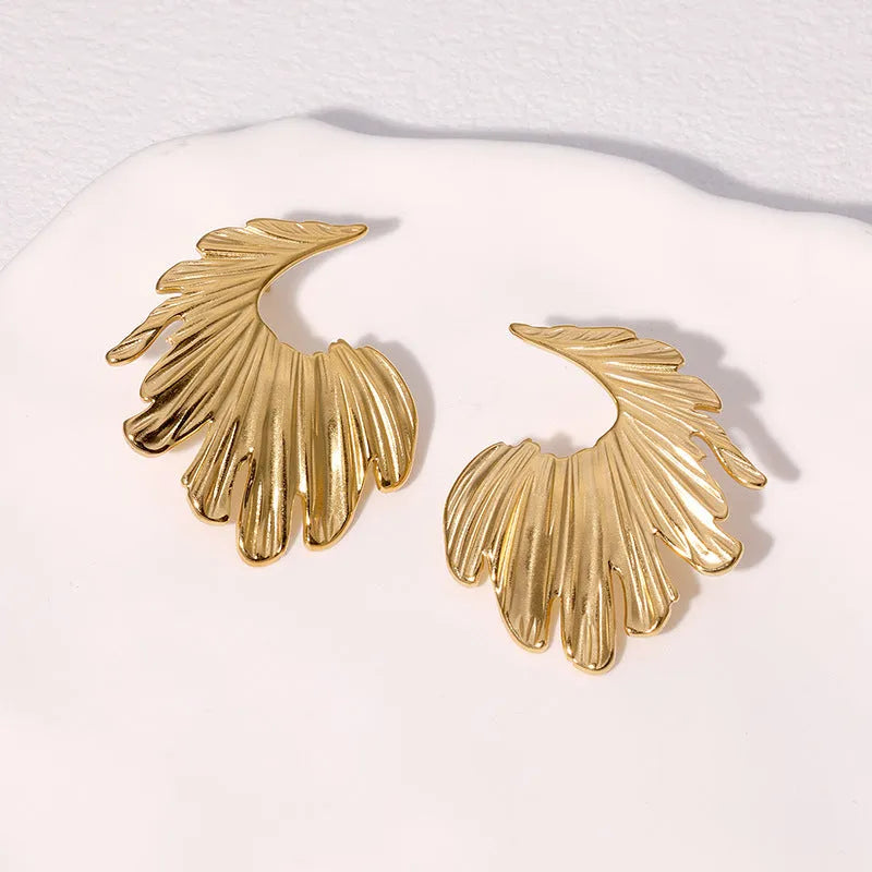 Stainless steel leaf stud earrings in gold and steel colour options