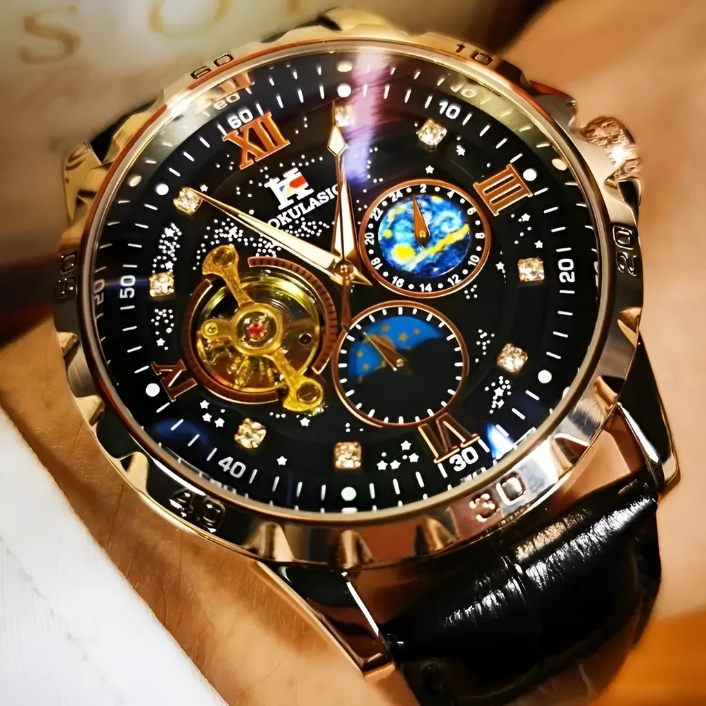 Men's black and rose gold skeleton automatic watch with leather strap on wrist