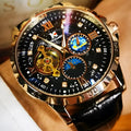 Men's black and rose gold skeleton automatic watch with leather strap on wrist