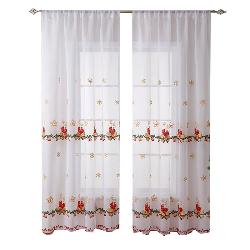 Pair of white polyester Christmas curtains with embroidered red snowflake design hung on a window