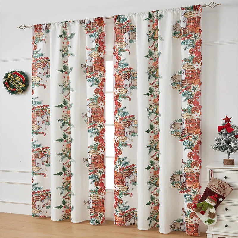 Rectangular printed polyester curtain with festive design hanging in a window