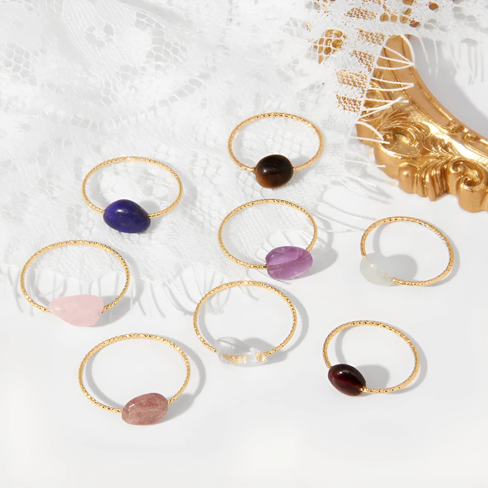 Geometric-shaped agate ring for women showing original design in one of eight available colours.